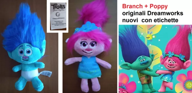 POPPY + BRANCH TROLLS PELUCHE  NUOVI h. 25 cm ORIGINALI DREAMWORKS CON ETICHETTE