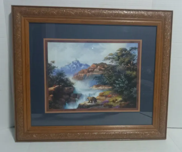 Vintage HOME INTERIORS Etched Frame Bear & Mountain Scene Picture 20.5" X 17.5"