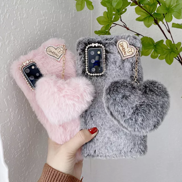 For Samsung S23+ S22+ S21 S20+ FE Ultra Furry Case Heart Pendant Women's Cover