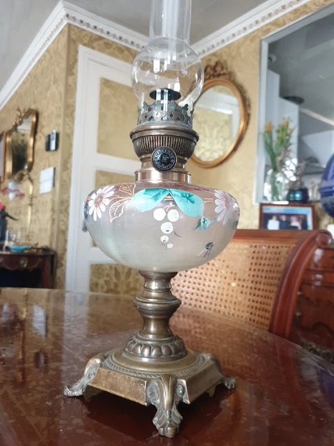ancienne grande lampe à pétrole, pied onyx et bronze, bec