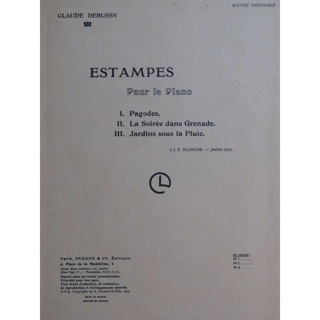 DEBUSSY Claude Estampes 3 Pièces Piano 1968