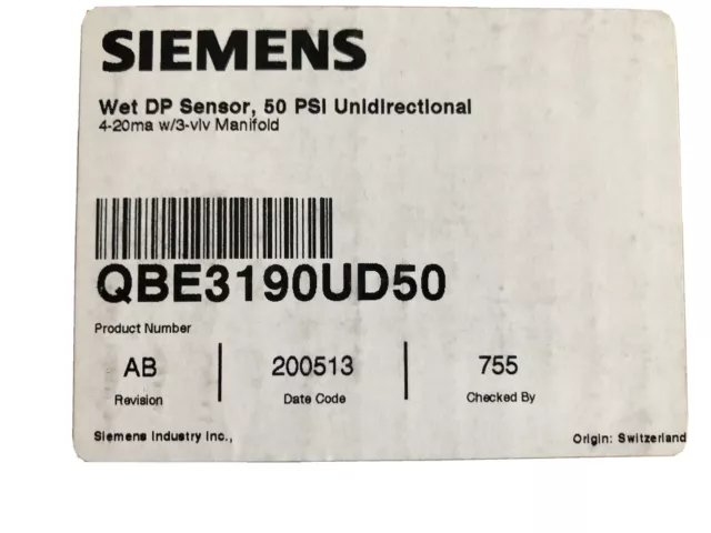 Siemens QBE3190UD50 Differential Pressure Sensor, 0 To 50 Psi,  NIB