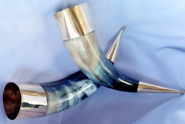 Pair of Brass adorned Viking Drinking Horns for beer wine ale wedding best gift