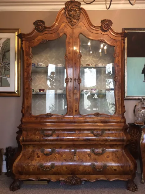Antique Style Dutch Inlaid Wood Bombe Cabinet Vitrine Bookcase