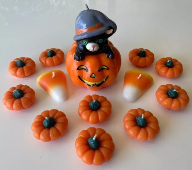 VINTAGE HALLOWEEN CANDLE COLLECTION : Pumpkins - Gurley ? Black Cat - Candy Corn