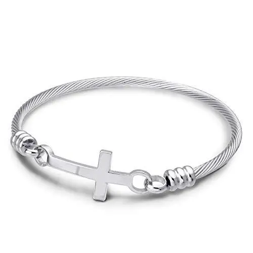 555Jewelry Modern Stainless Steel Metal Religious Cross Clasp Bangle