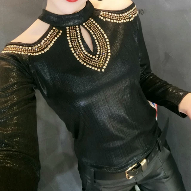Femme Simili Cuir Basique Pull Chemisier Slim Creux Brillant Haut Fête Clubbing