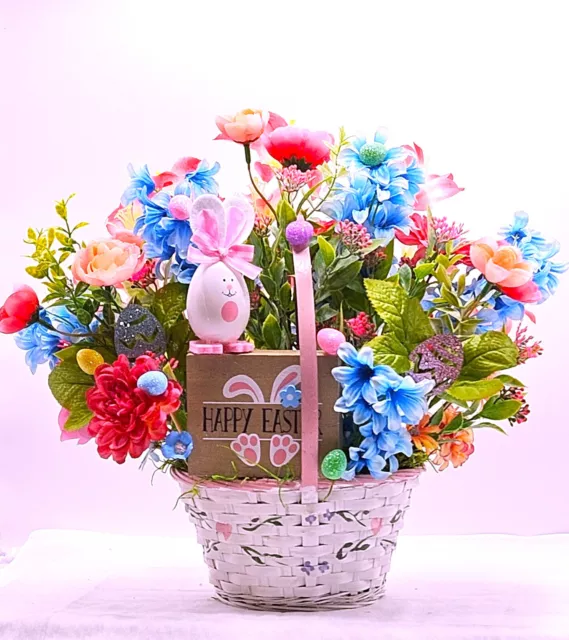 Pastel Flower Arrangement with Easter Bunny and Glitter Eggs - Spring Decor