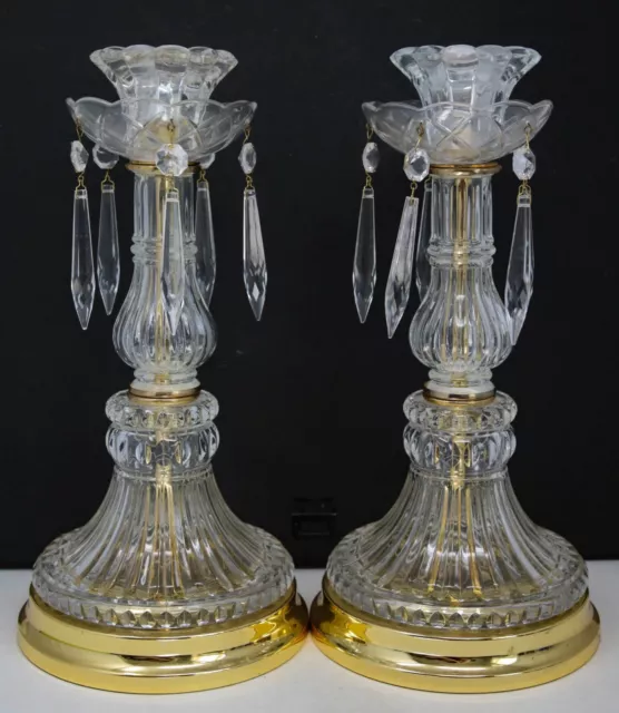 Large Vintage Elegant Clear Crystal Glass Candlesticks With Prisms, 12.5" Tall