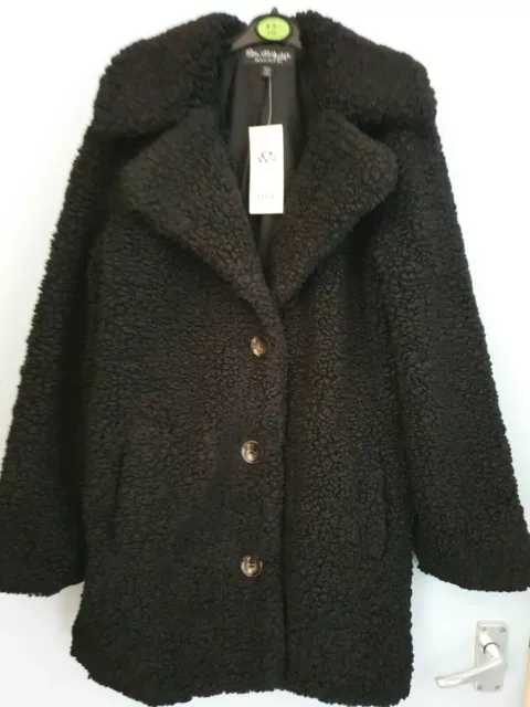 BNWT MISS SELFRIDGE Size 14 16 Black Teddy Coat Faux Fur Borg Coat