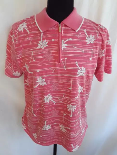 Coral Bay Golf Top M Women Coral White Print Short Sleeve 1/4 Zipper