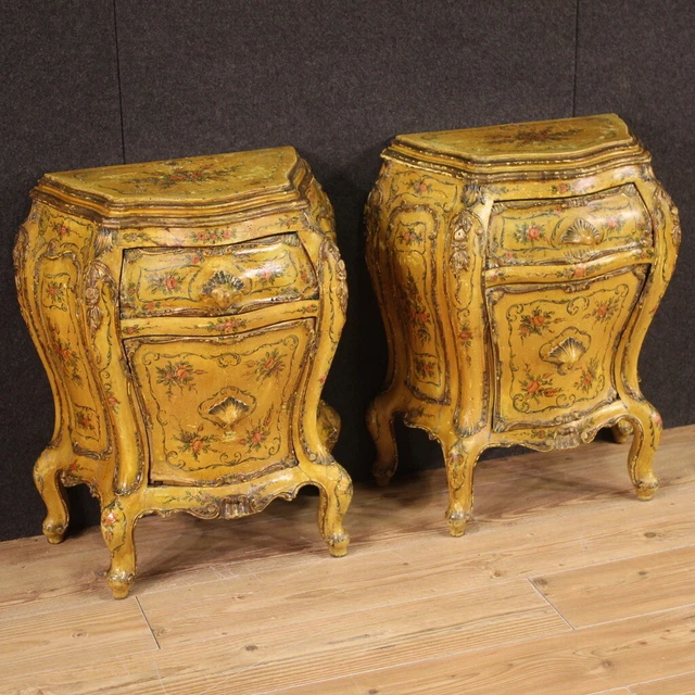 Antique Venetian style bedside tables two furniture lacquered paintings couple 900