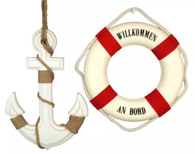 Deko Rettungsring Ø 25cm r/w & Holz Anker weiß 32x22cm maritime Wandhänger