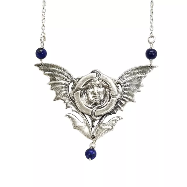 Art Nouveau sterling silver maiden’s face winged pendant necklace, lapis lazuli 2