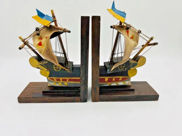 Vintage Pair of Hand-Crafted Wooden Nautical Sailing Ship Themed Book Ends