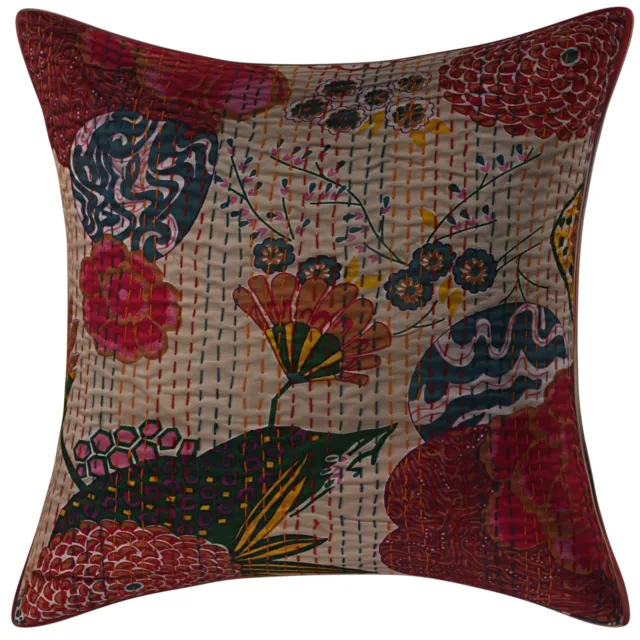 Kantha Square Pillowcase Handmade Cotton Beige Floral Cushion Cover Indian Sham