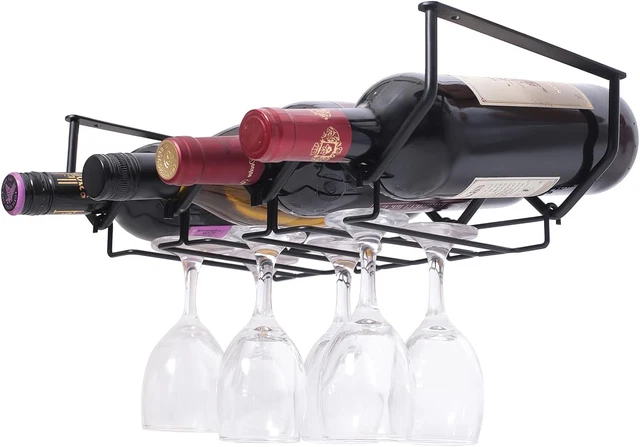 Wine Glass Holder under Shelf and Hanging Wine Rack, 4 under Cabinet Wine Bottle