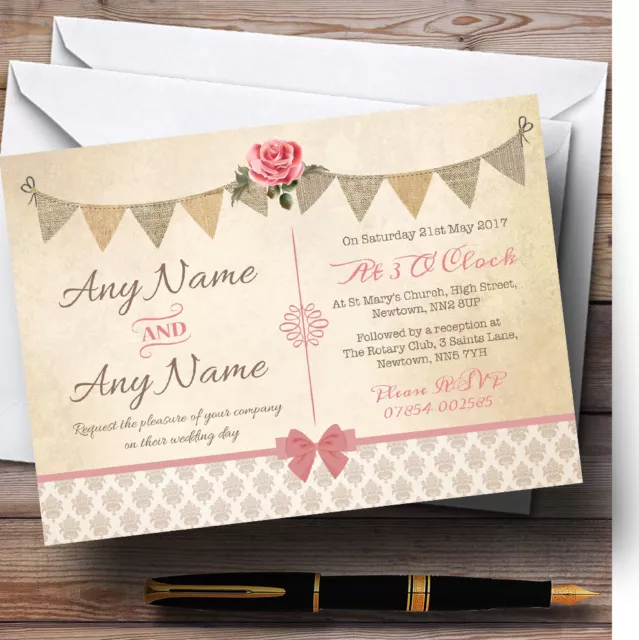 Vintage Rustic Style Bunting Pink Rose Personalised Wedding Invitations