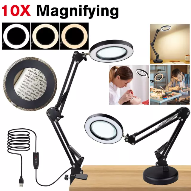 10x LED Magnifying Glass Desk Light Magnifier Lamp Reading Lamp With Base& Clamp