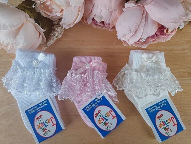 Socks Baby Girl Child Frilly Lace White Pink Cream Bow Pearl 0 6 12 24m 2 to 10y