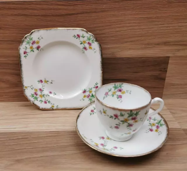Vintage Plant Tuscan China Cup, Saucer & Side Plate Trio 1930s Art Deco