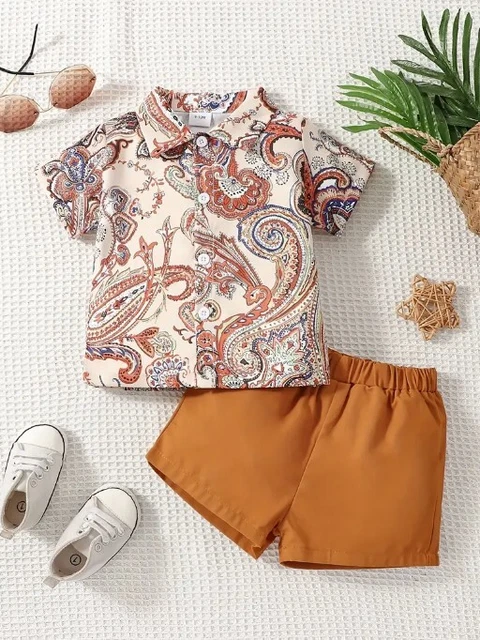 2pcs Baby Boys Casual Abstract Pattern Short Sleeve Shirt & Shorts Set Clothes F