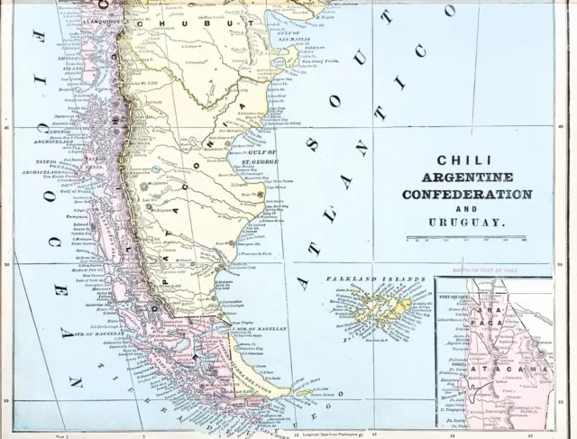 1898 Argentine Republic Map Buenos Aires Patagonia Uruguay Chile Cordova EXRARE
