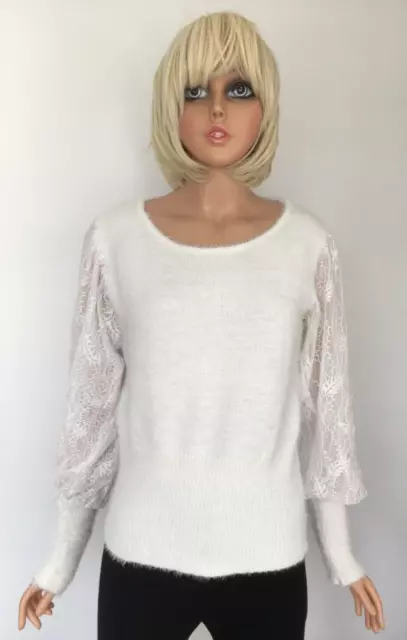 Pretty Fluffy White Jumper with Lace Sleeve from Blue Vanilla - Size M/L (10/12)