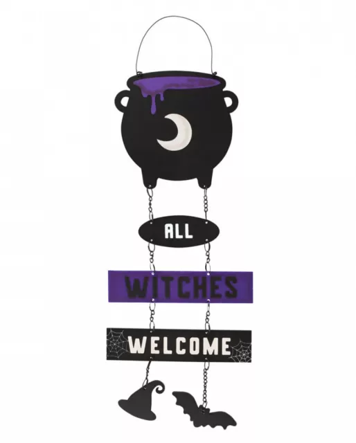 All Witches Welcome cartello sospeso con caldaia - cappello da strega e pipistrello 30 cm