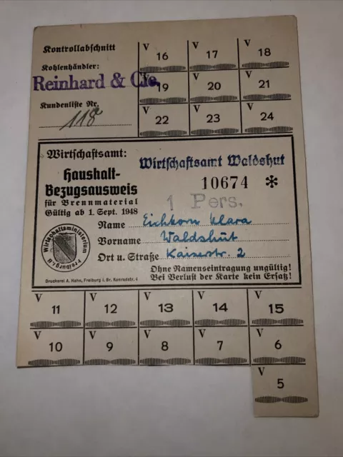 Haushalt-Bezugsausweis ab 1.9.1948 Wirtschaftsamt Waldshut