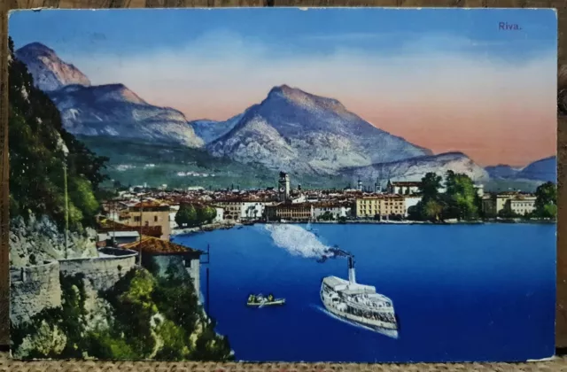 Riva Lago Di Garda Cartolina Post Card Viaggiata Acquarello Bella Nave Colore-A3