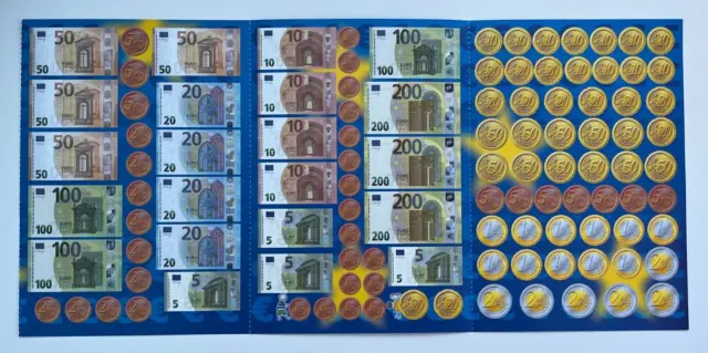 Spiel-, Rechengeld, Papiergeld, Kaufladen, Euro, Scheine und Münzen im Bogen
