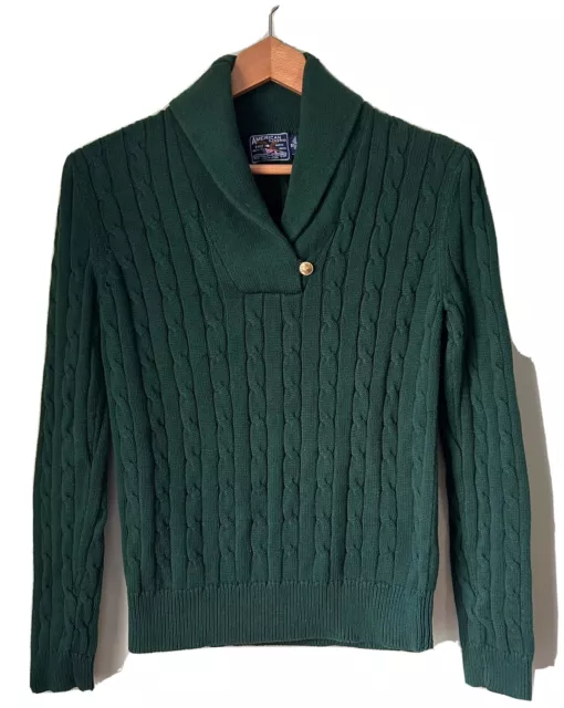 American Living Shawl Collar Sweater Sz M, Green Cable Knit, Excellent Condition