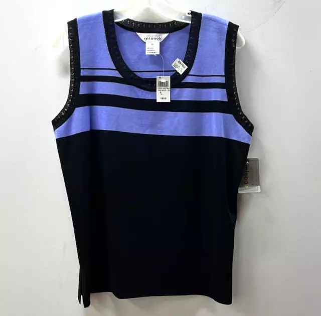 Exclusively Misook Women's Blue Black Striped Round Neck Pullover Tank Top Sz XL