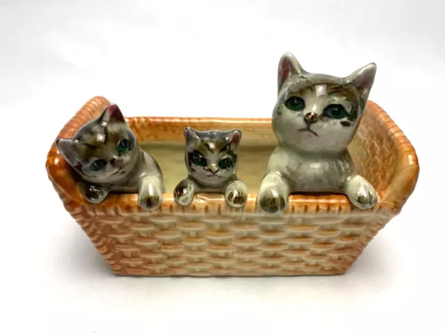 Vintage Three Kittens in a Basket Decorative Ceramic. Unmarked. Repaired  (G)