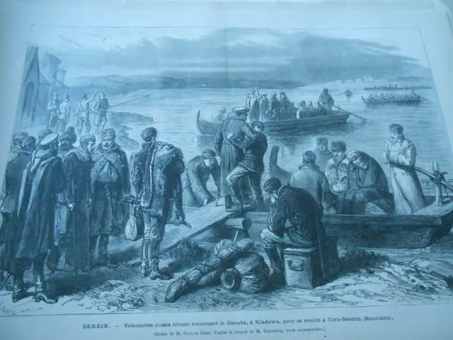 Gravure 1876 - Serbie Volontaires Russes blessés traversant le Danube