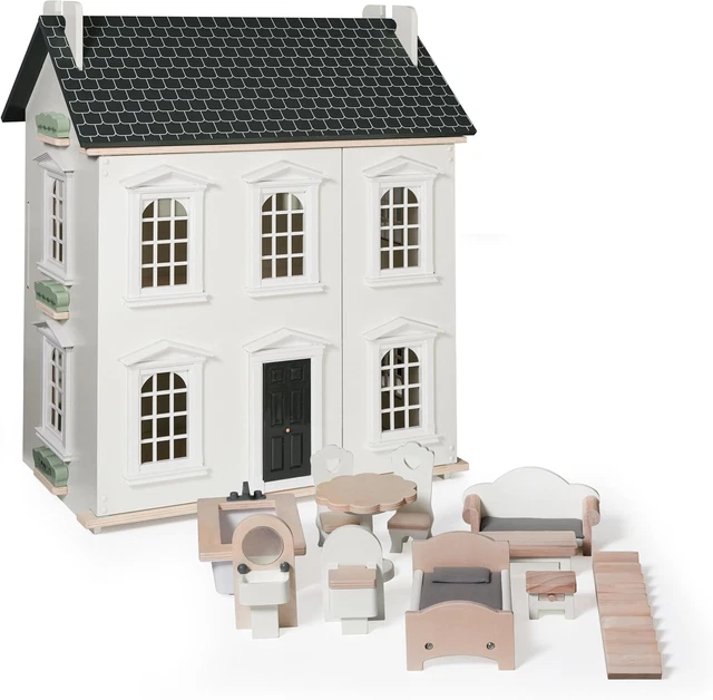HOOGA WOODEN DOLLHOUSE with Furniture Set Included, Multi-Level 3 ...