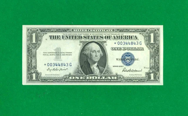 $1 1935-F 1 */G BLOCK (w) BLUE SEAL SILVER CERTIFICATE CU. STAR.