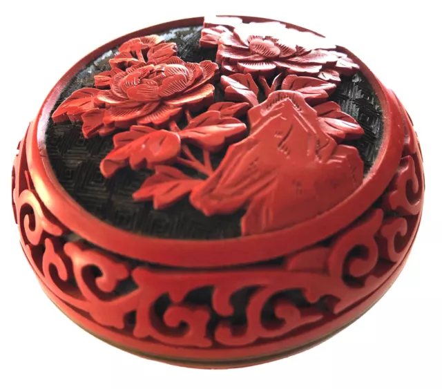 Vintage Carved Cinnabar Lotus Flower Trinket Laquered Box  Enameled Paper Labels