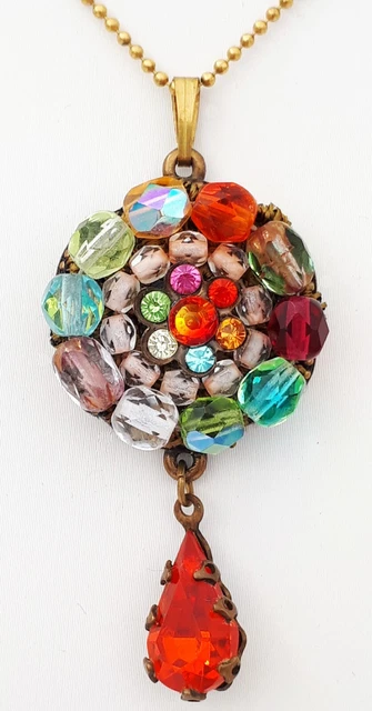 Michal Negrin Pendant Necklace Multicolor Beaded Round Flower Retro Teardrop