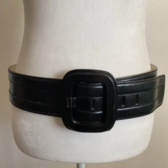 Antonio Melani Belt Black Wide Chunky Leather w Boxy Buckle Sz L  41" x 2.25"