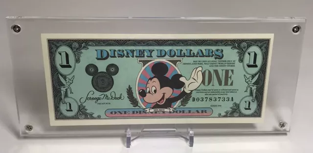 1990 Disney Dollar $1 MICKEY MOUSE #D03783733A in Beveled Acrylic Display Case