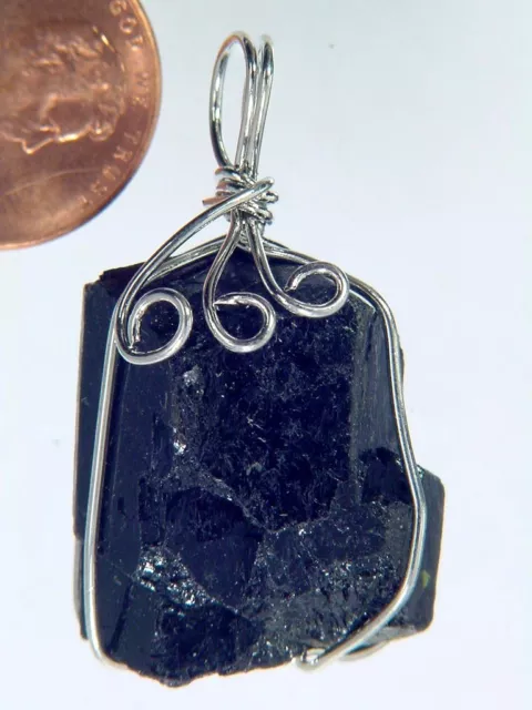 BUTW Raw Brazilian Black Tourmaline Sterling Silver Wire Wrap Pendant 36mm 9431K