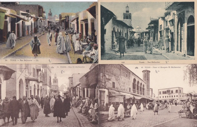 Lot de 4 cartes postales anciennes postcards TUNISIE TUNISIA TUNIS rues