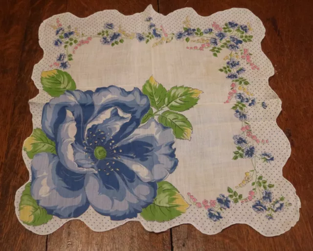 Handkerchief Square Blue Poppy Scallop Edge Vintage Colorful 15" Hanky