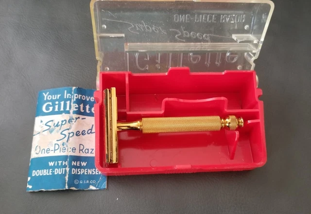 Vintage 1940s Gillette Super Speed One Piece Razor w/Case & Instructions