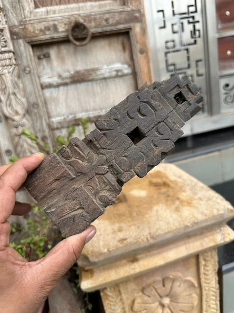 Ancient Old Wooden Hand Carved Floral Dark Wood Hanger Bracket Panel