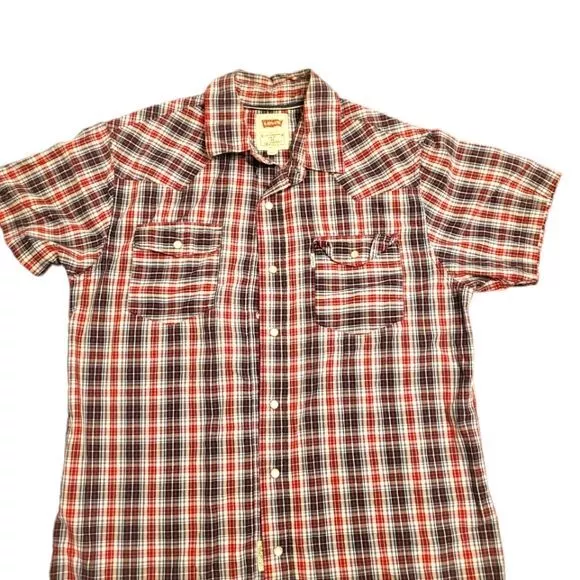 Levis Red and Black Checkered Plaid Mens Shirt w/ Pockets and Pearl Snaps Sz Med