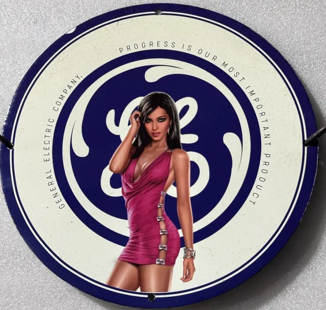 General Electric Company Garage Mancave Girl Pinup Porcelain Enamel Sign.