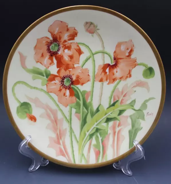 Antique French Limoges Elite Hand Painted Cabinet Plate Orange Poppies by Flores